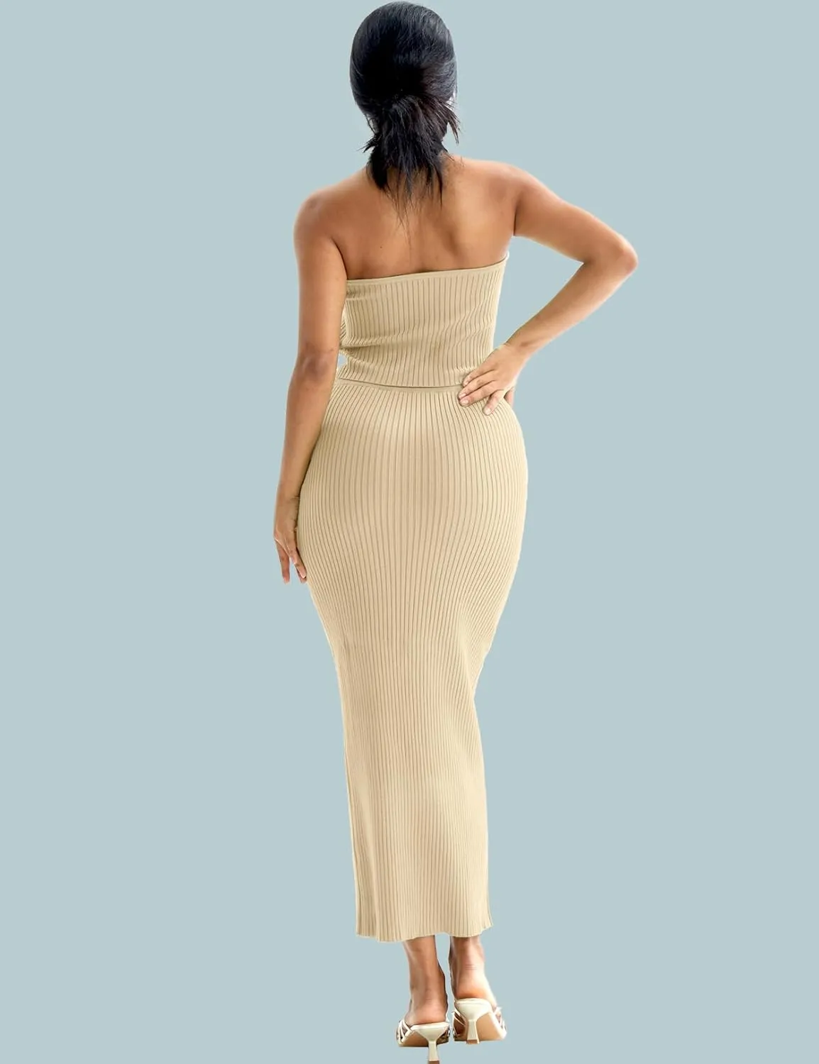 CHERFLY Womens 2 Piece Outfits 2025 Summer Sweater Skirt Sets Halter Top Midi Bodycon Dress