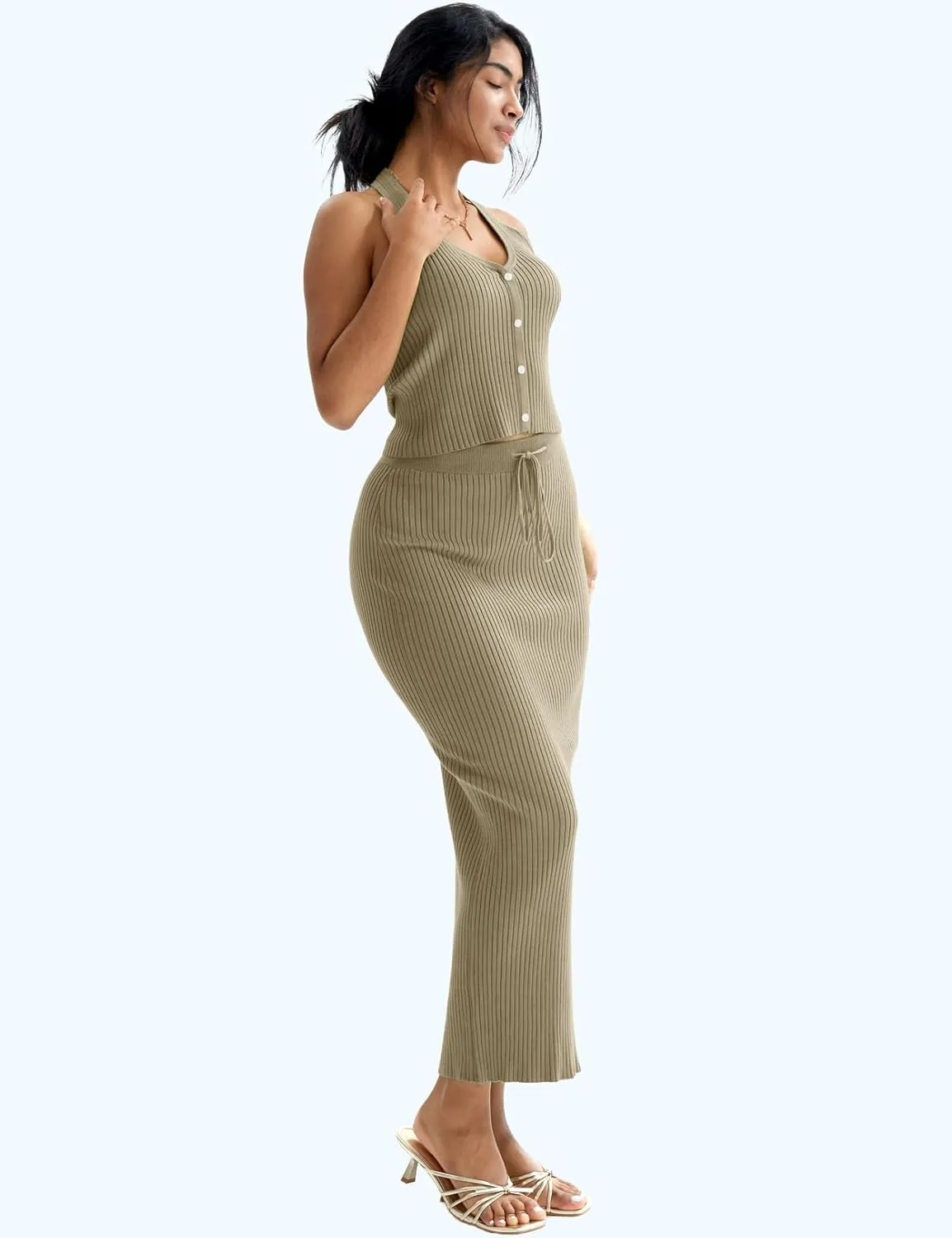 CHERFLY Womens 2 Piece Outfits 2025 Summer Sweater Skirt Sets Halter Top Midi Bodycon Dress