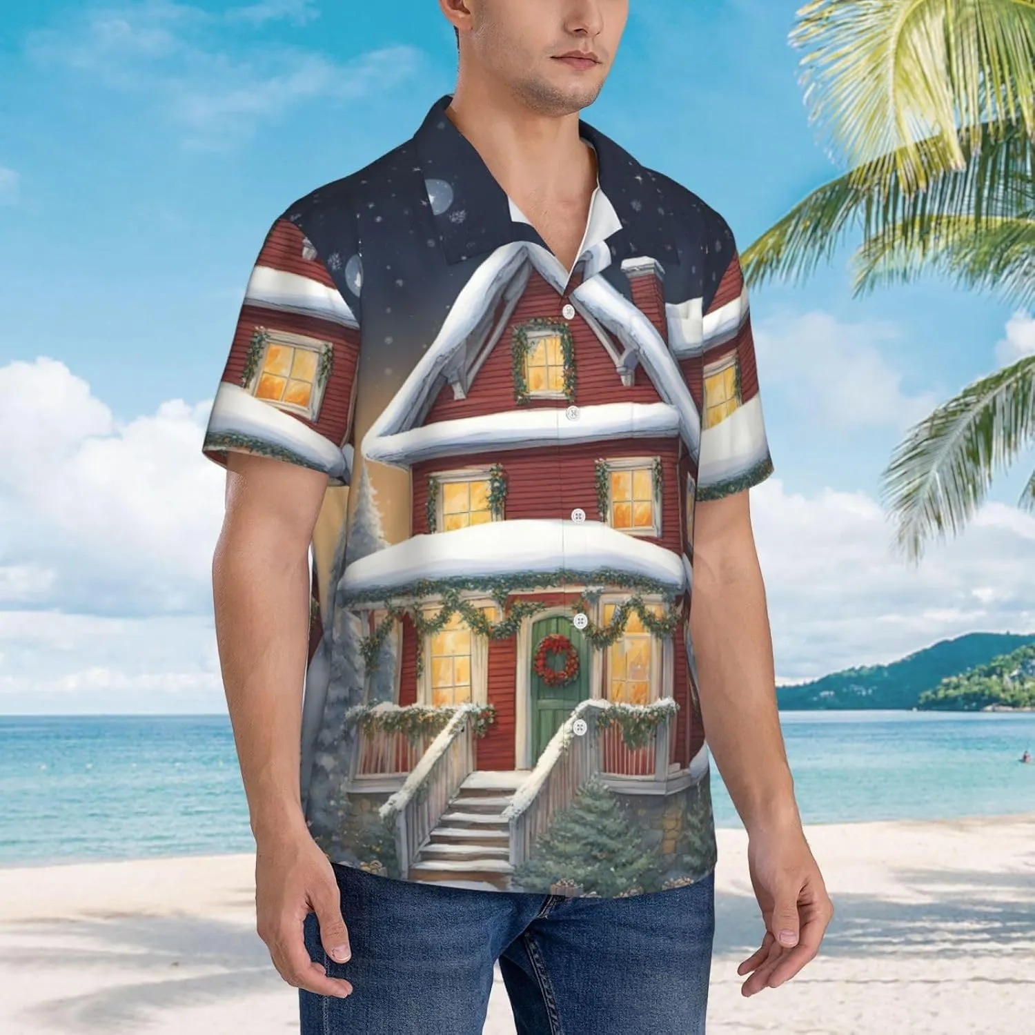 Christmas Village House Hawaiian Shirt for Men Printed Casual Beach Shirts Button Down Short Sleeve Vacation Shirt