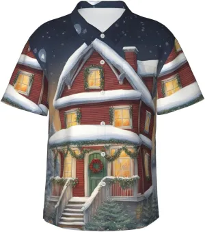 Christmas Village House Hawaiian Shirt for Men Printed Casual Beach Shirts Button Down Short Sleeve Vacation Shirt