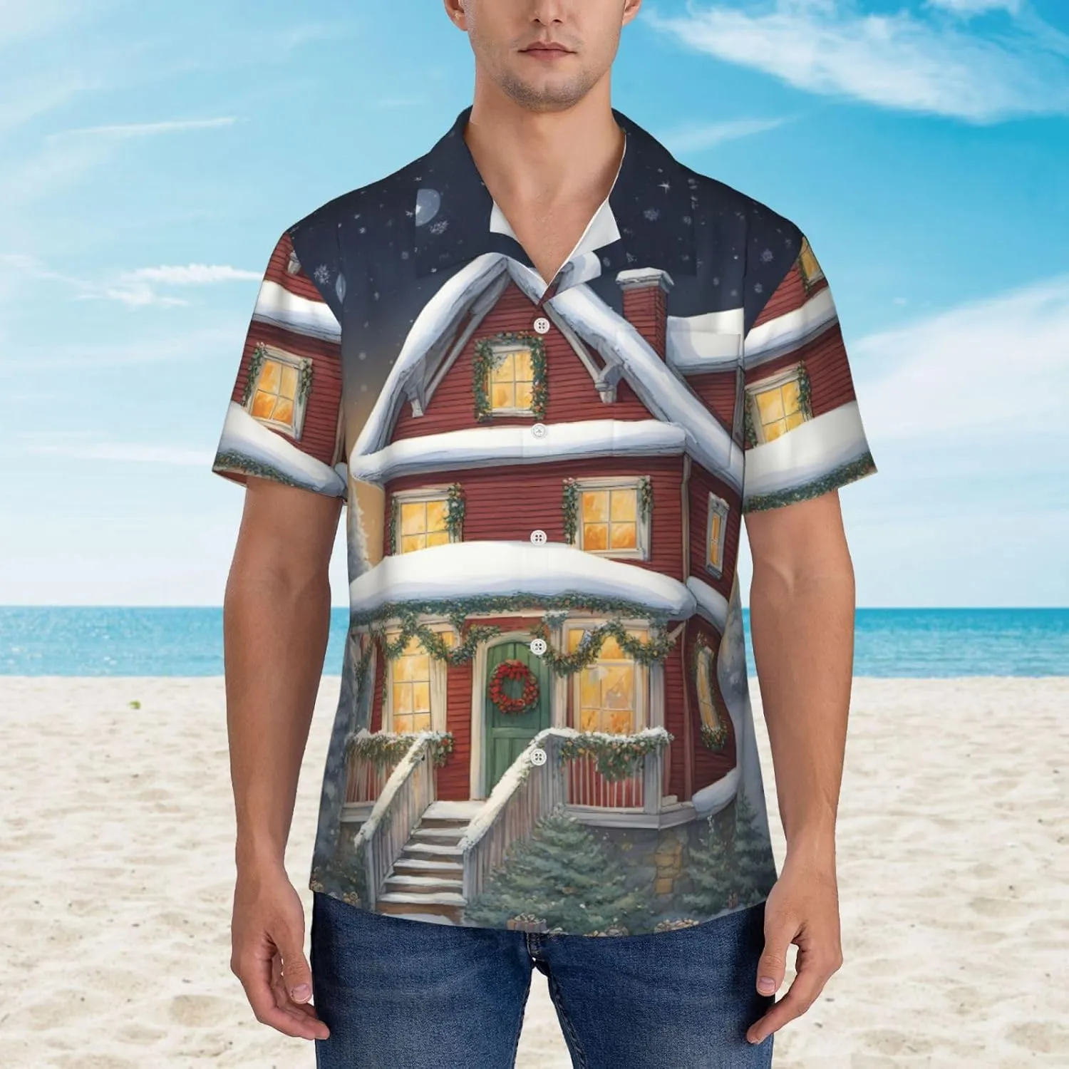 Christmas Village House Hawaiian Shirt for Men Printed Casual Beach Shirts Button Down Short Sleeve Vacation Shirt