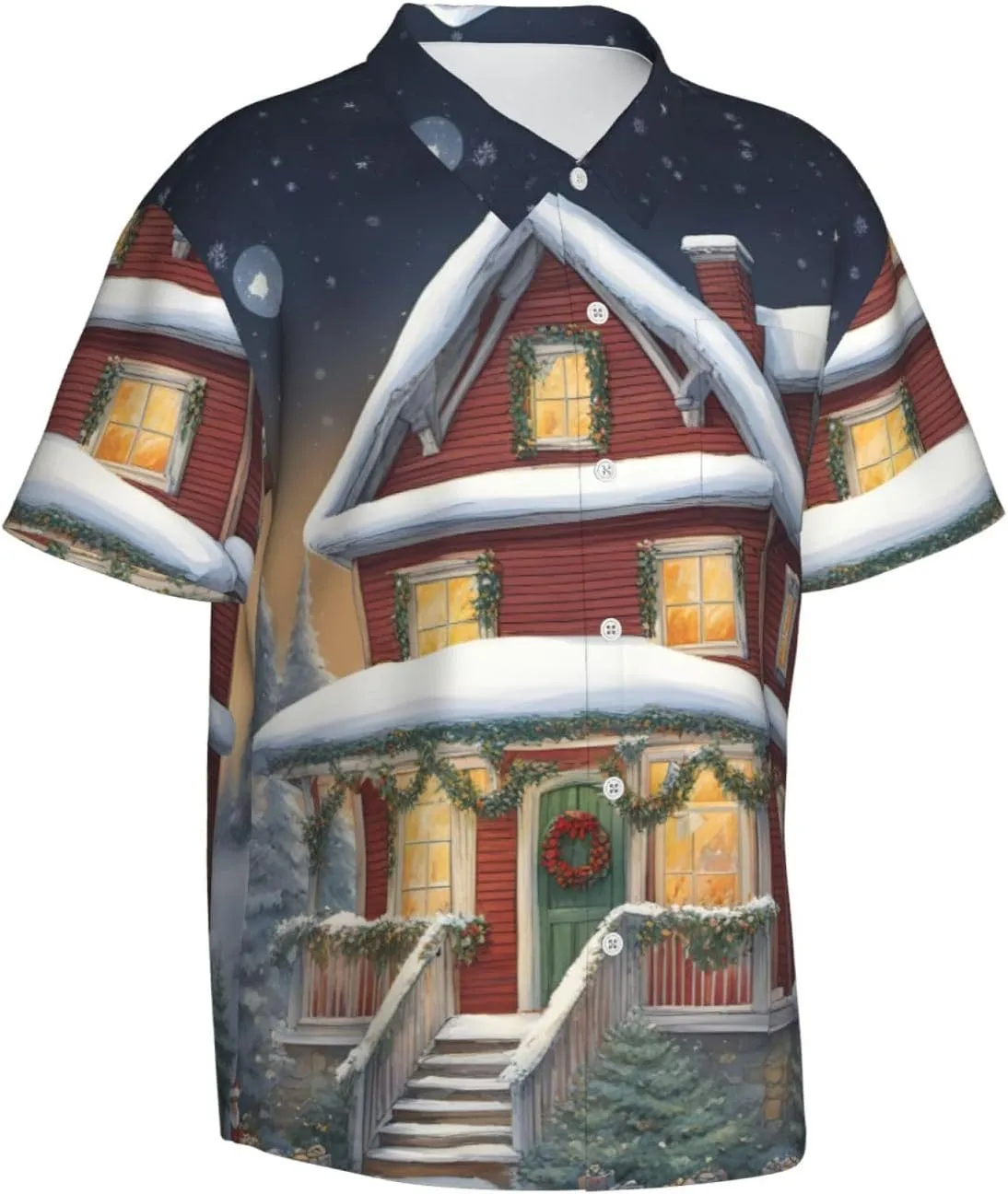 Christmas Village House Hawaiian Shirt for Men Printed Casual Beach Shirts Button Down Short Sleeve Vacation Shirt