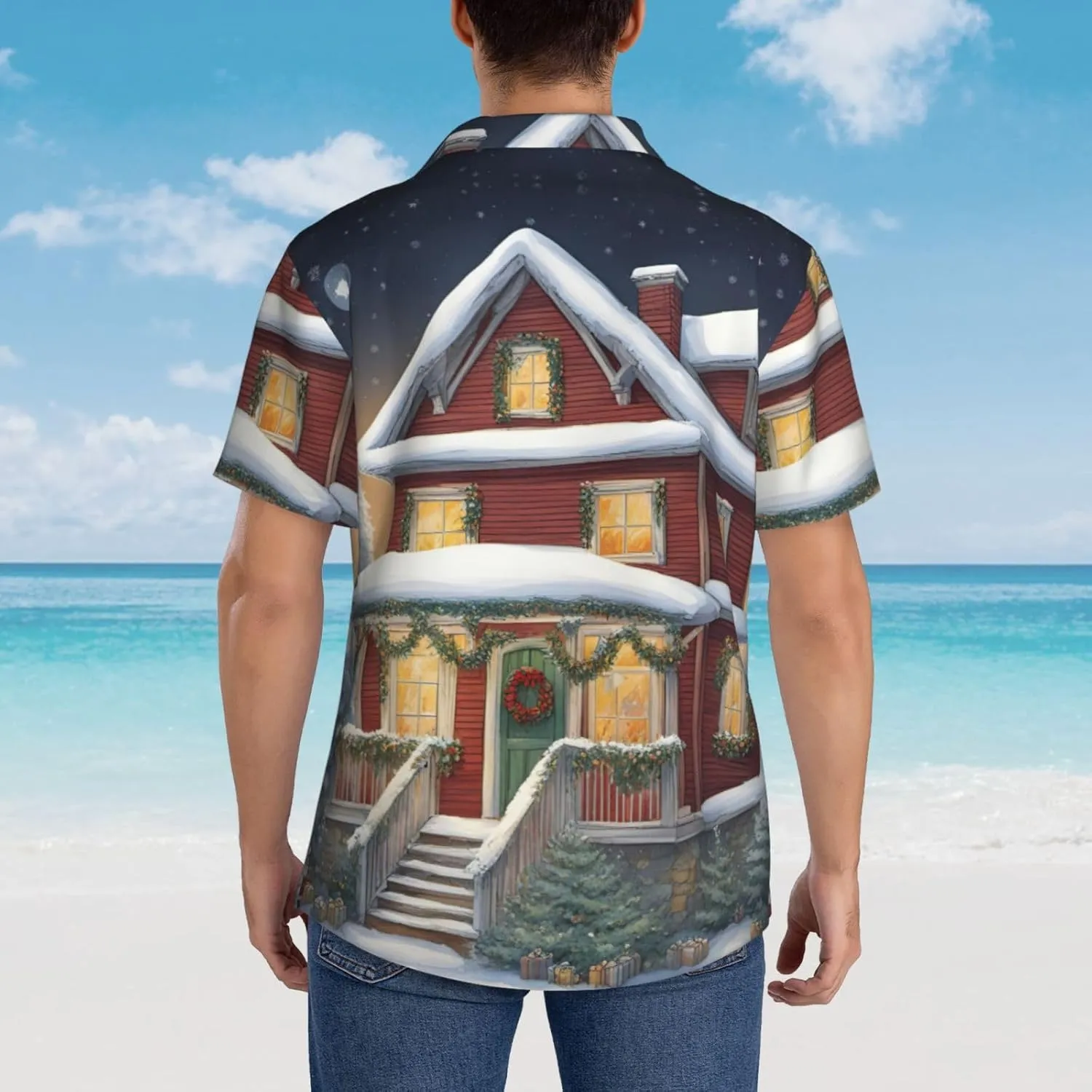 Christmas Village House Hawaiian Shirt for Men Printed Casual Beach Shirts Button Down Short Sleeve Vacation Shirt