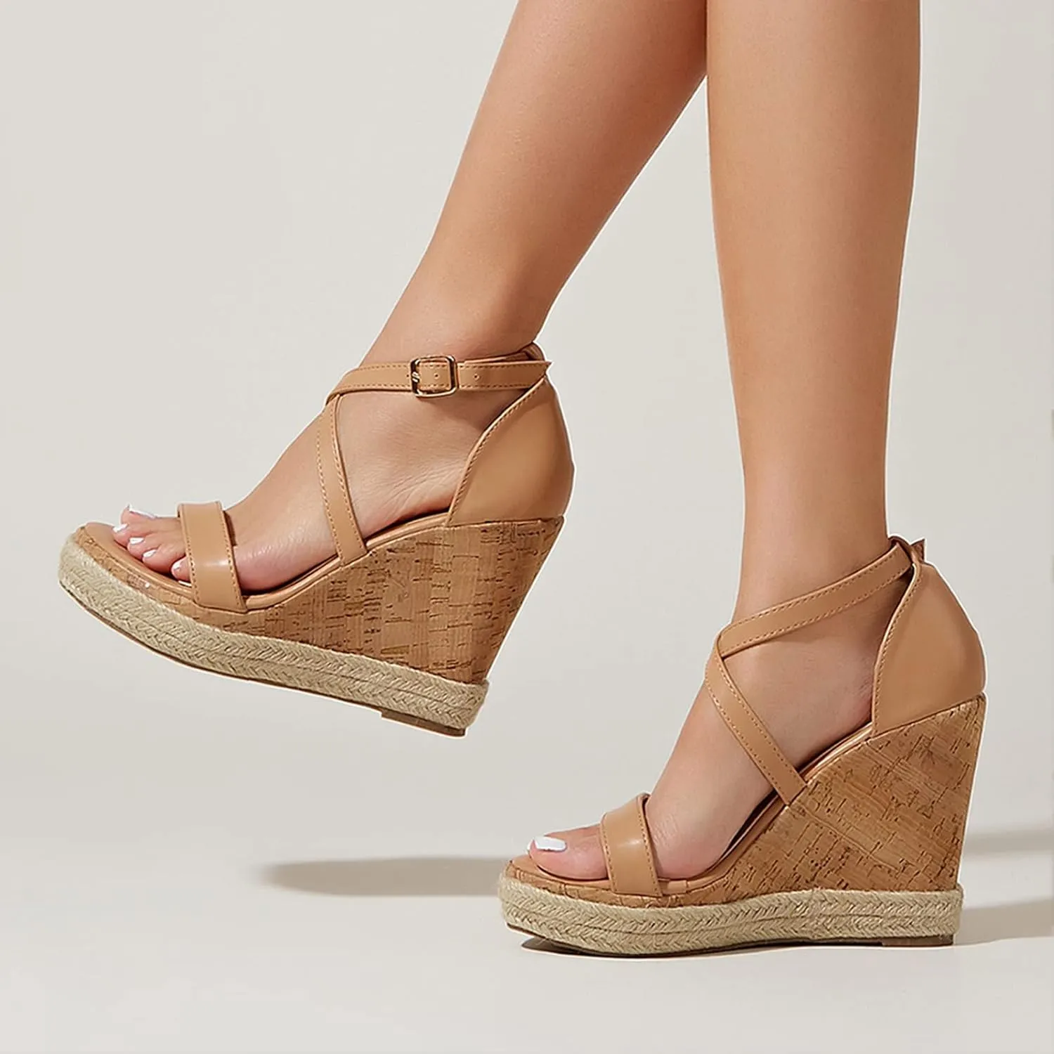 Chunky Espadrille Sandals for Women Wedge Summer Casual Cross Ankle Straps Buckle Open Toe Platform High Heels Comfortable Outdoor Ladies Shoes