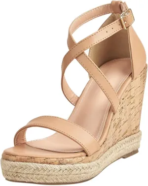Chunky Espadrille Sandals for Women Wedge Summer Casual Cross Ankle Straps Buckle Open Toe Platform High Heels Comfortable Outdoor Ladies Shoes