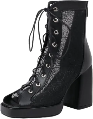 Chunky Heel Peep Toe Booties for Women Platform Heel Mesh Booties Summer Open Toe Booties
