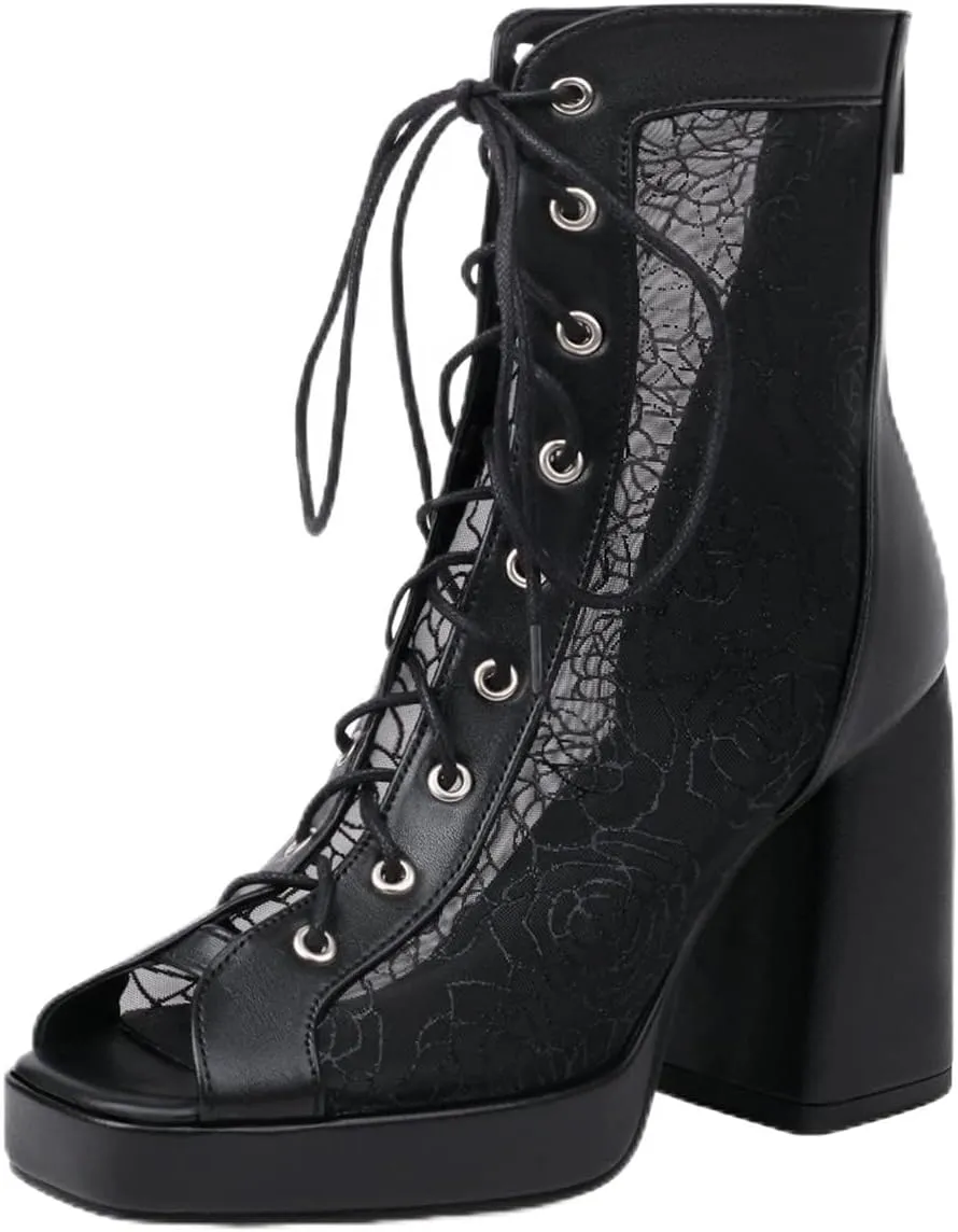 Chunky Heel Peep Toe Booties for Women Platform Heel Mesh Booties Summer Open Toe Booties