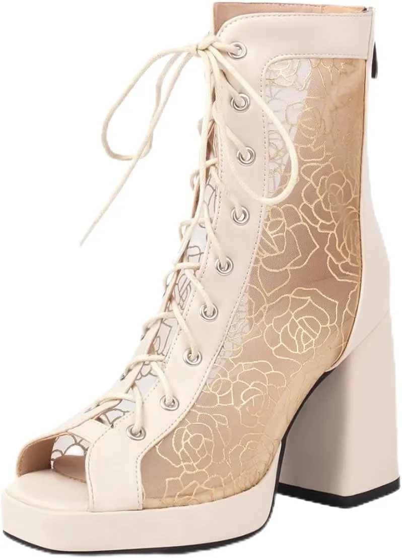 Chunky Heel Peep Toe Booties for Women Platform Heel Mesh Booties Summer Open Toe Booties