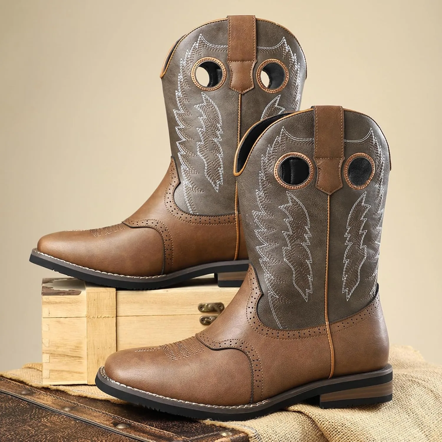Classic Western Cowboy Cowgirl Boots Retro Embroidered Leather Knight Mid Calf Square Toe Riding Shoes for Stage Cosplay