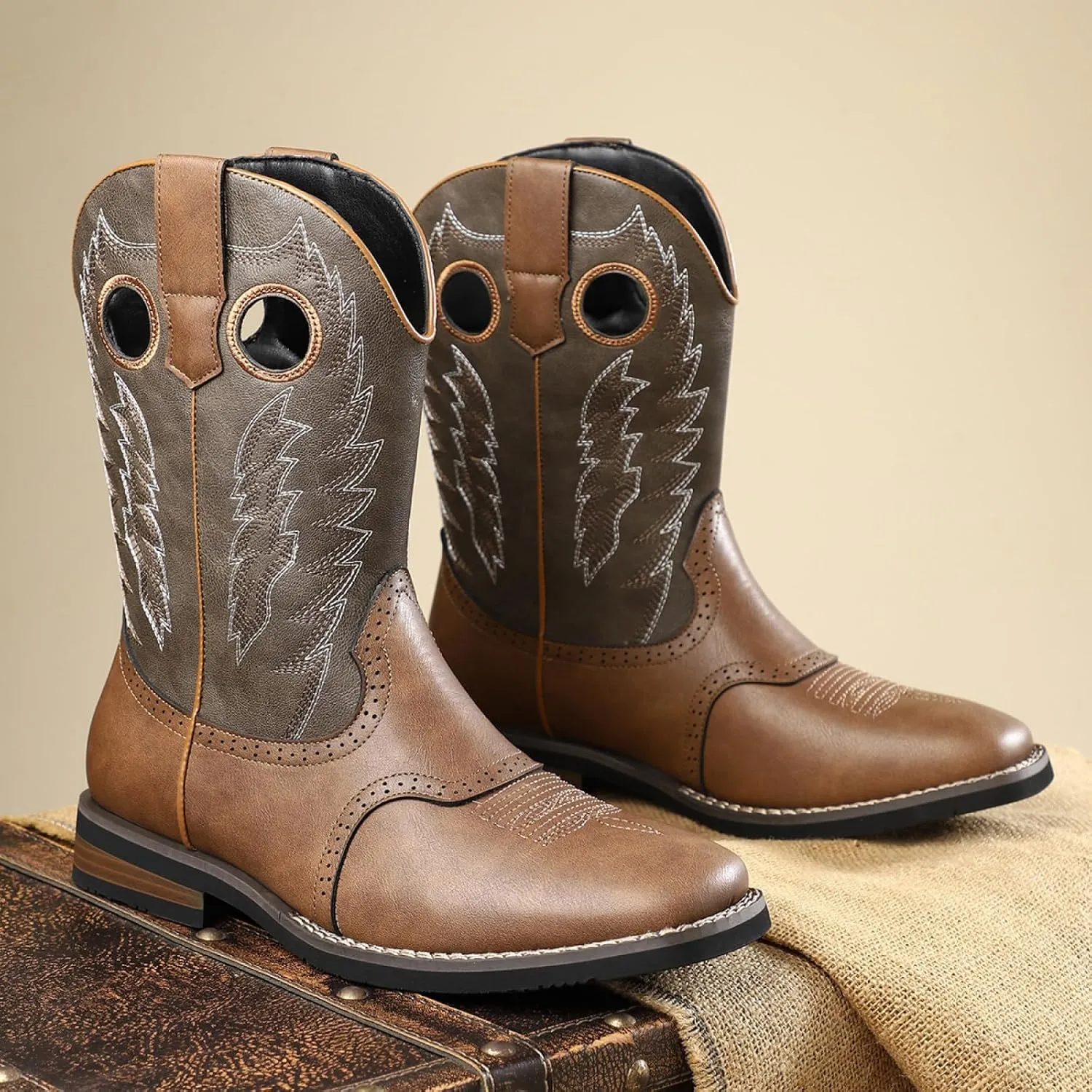 Classic Western Cowboy Cowgirl Boots Retro Embroidered Leather Knight Mid Calf Square Toe Riding Shoes for Stage Cosplay