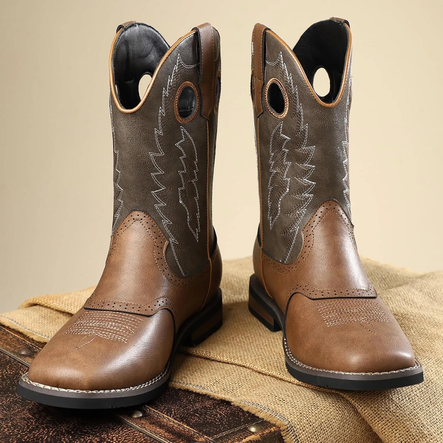 Classic Western Cowboy Cowgirl Boots Retro Embroidered Leather Knight Mid Calf Square Toe Riding Shoes for Stage Cosplay
