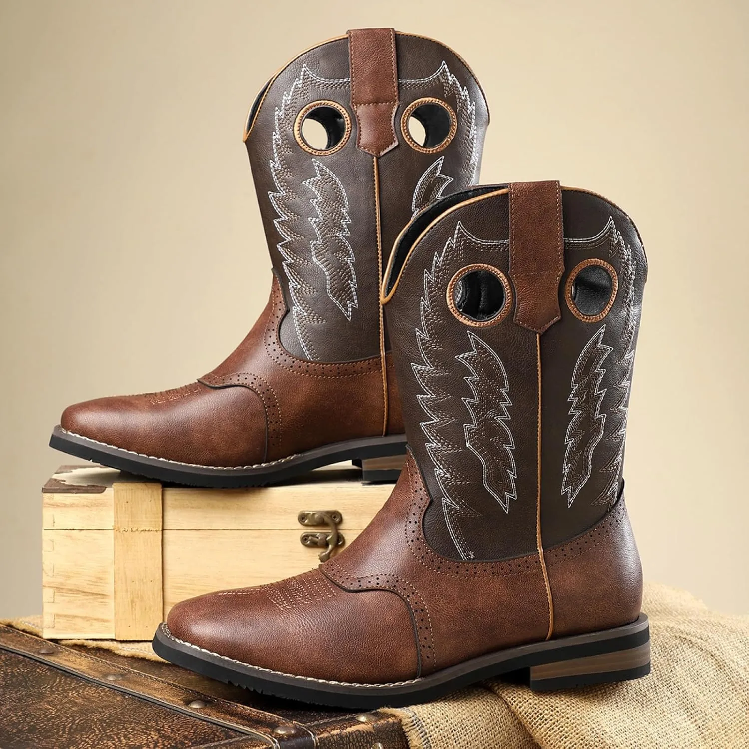 Classic Western Cowboy Cowgirl Boots Retro Embroidered Leather Knight Mid Calf Square Toe Riding Shoes for Stage Cosplay
