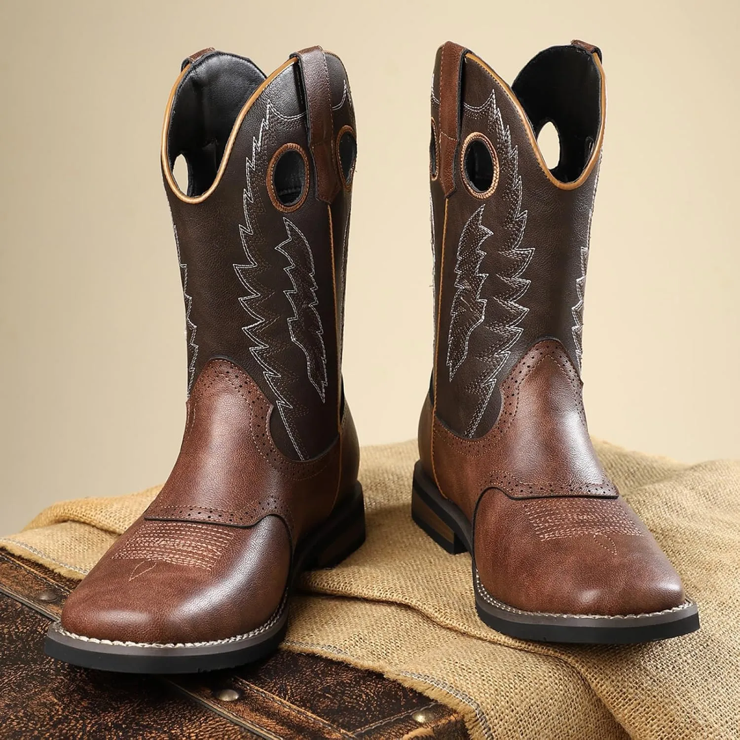 Classic Western Cowboy Cowgirl Boots Retro Embroidered Leather Knight Mid Calf Square Toe Riding Shoes for Stage Cosplay