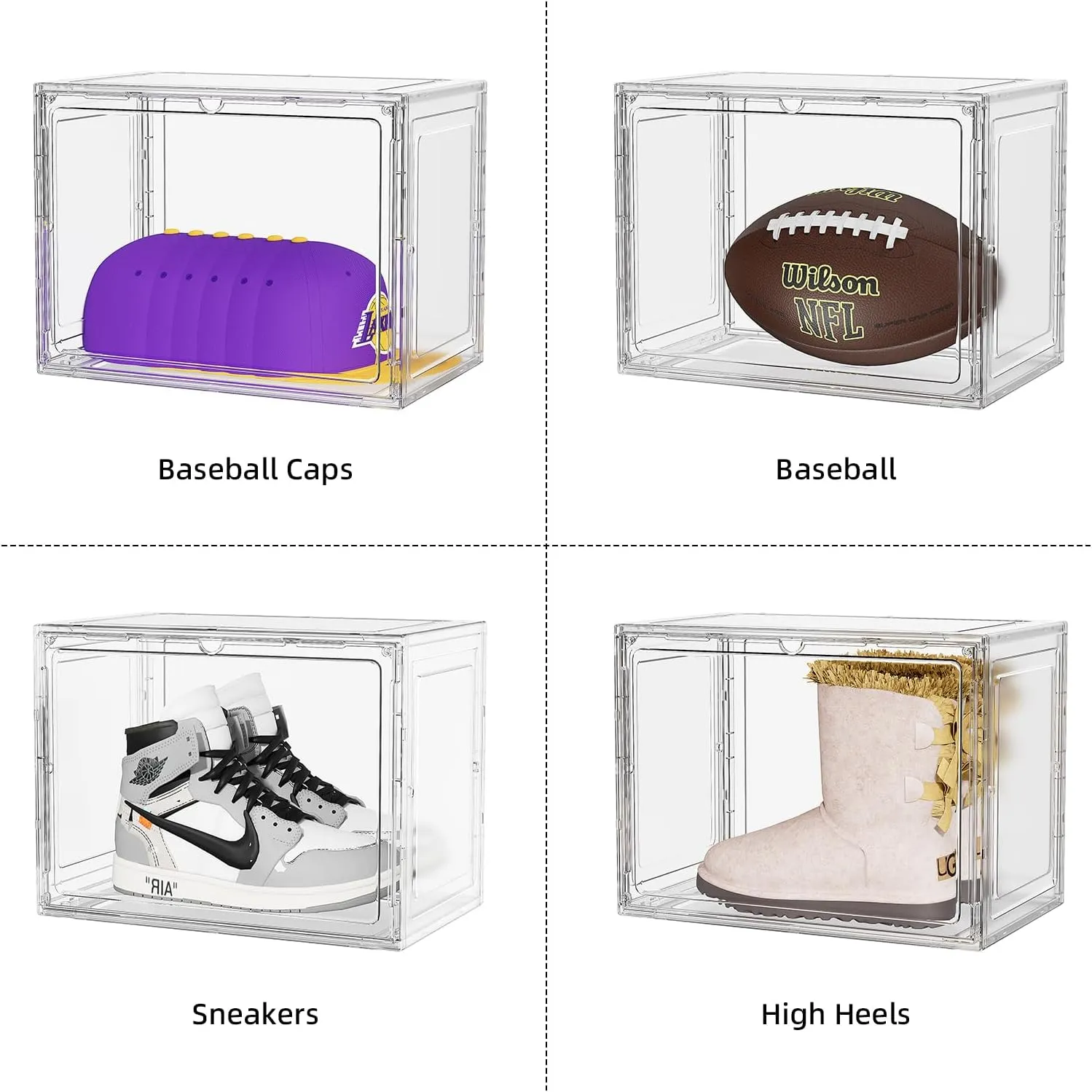 Clear Display Case 5 Pack Large Stackable Plastic Storage Bins with Magnetic Attraction Lid, Clear Storage Container for Organizing, Storage Box for Shoe, Books, Collectibles, Purse, Handbag, Figures