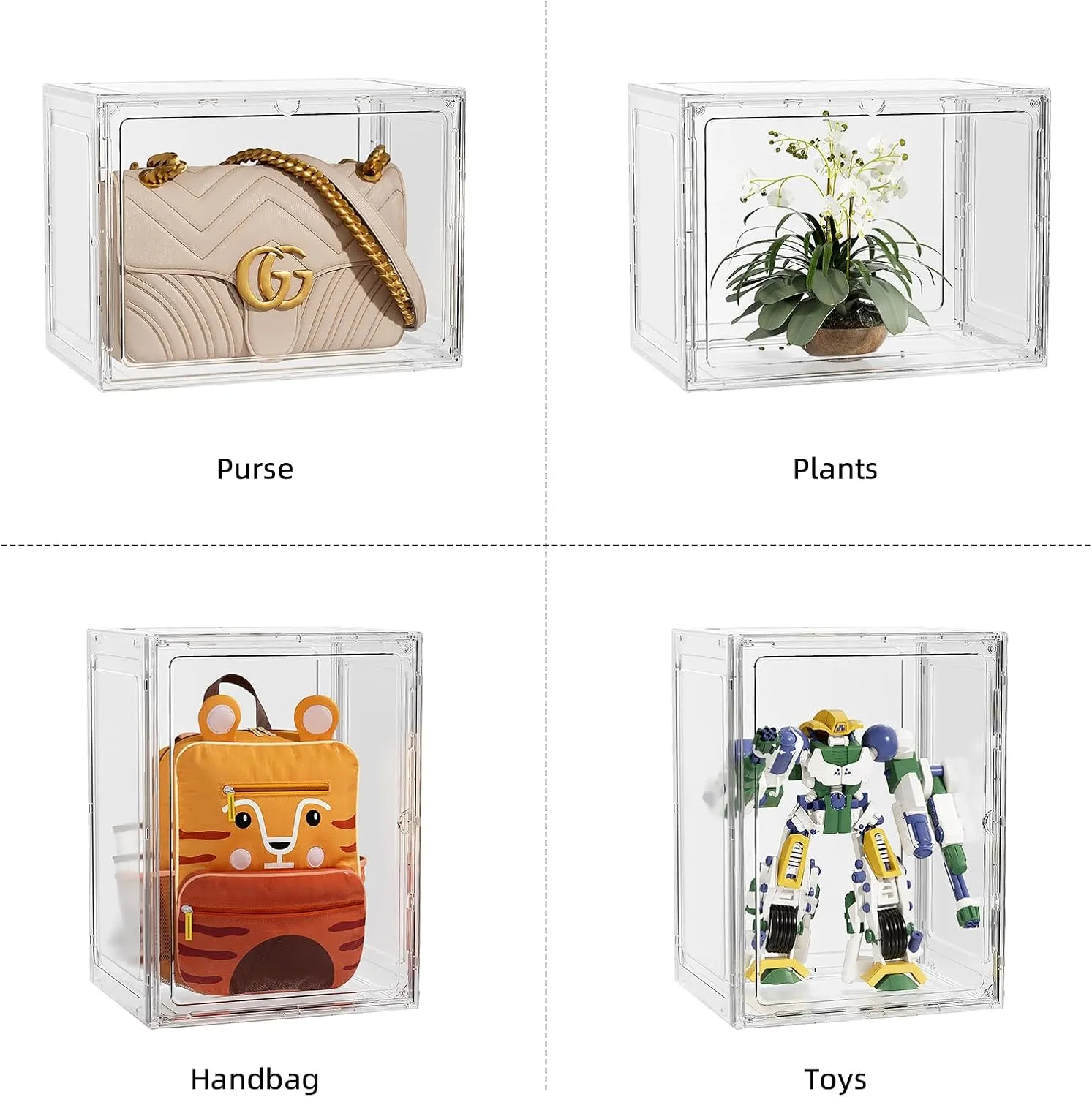 Clear Display Case 5 Pack Large Stackable Plastic Storage Bins with Magnetic Attraction Lid, Clear Storage Container for Organizing, Storage Box for Shoe, Books, Collectibles, Purse, Handbag, Figures