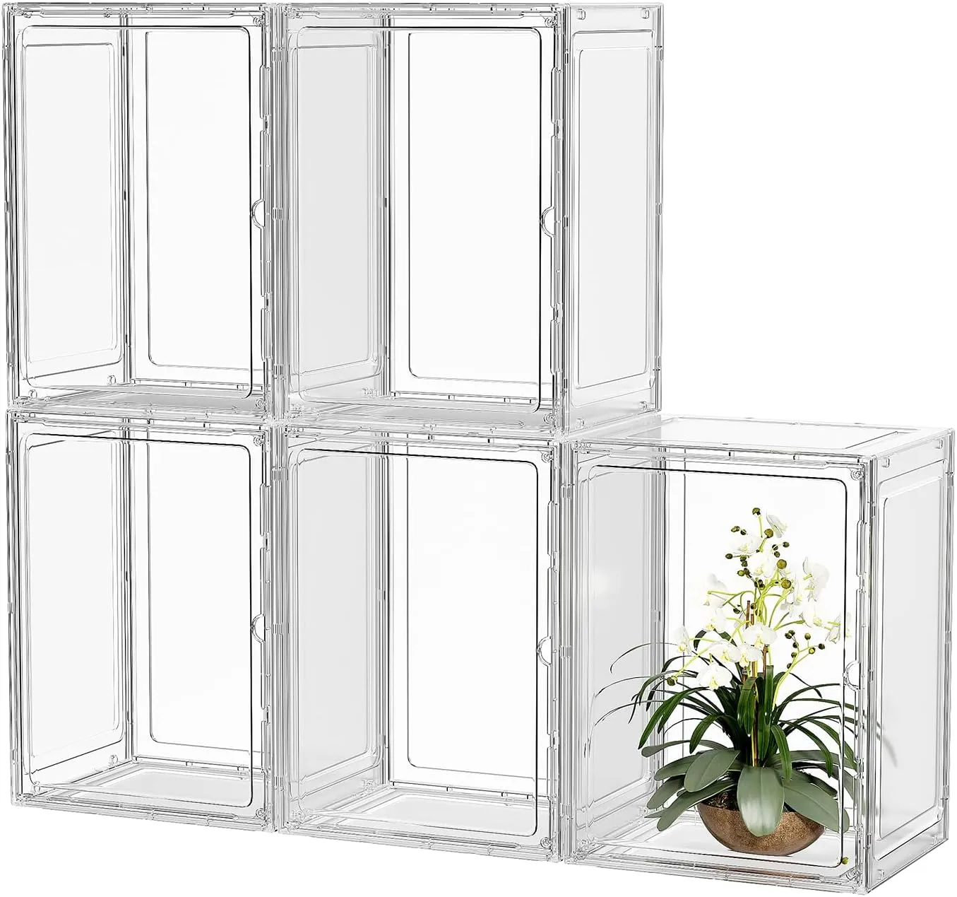 Clear Display Case 5 Pack Large Stackable Plastic Storage Bins with Magnetic Attraction Lid, Clear Storage Container for Organizing, Storage Box for Shoe, Books, Collectibles, Purse, Handbag, Figures