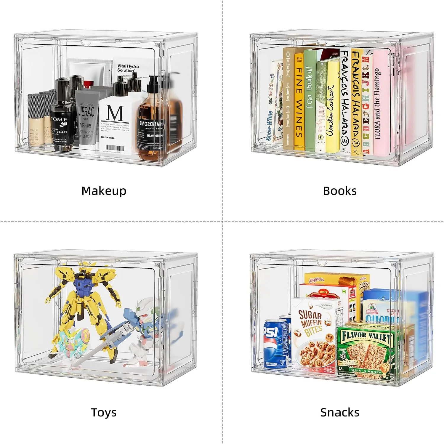 Clear Display Case 5 Pack Large Stackable Plastic Storage Bins with Magnetic Attraction Lid, Clear Storage Container for Organizing, Storage Box for Shoe, Books, Collectibles, Purse, Handbag, Figures