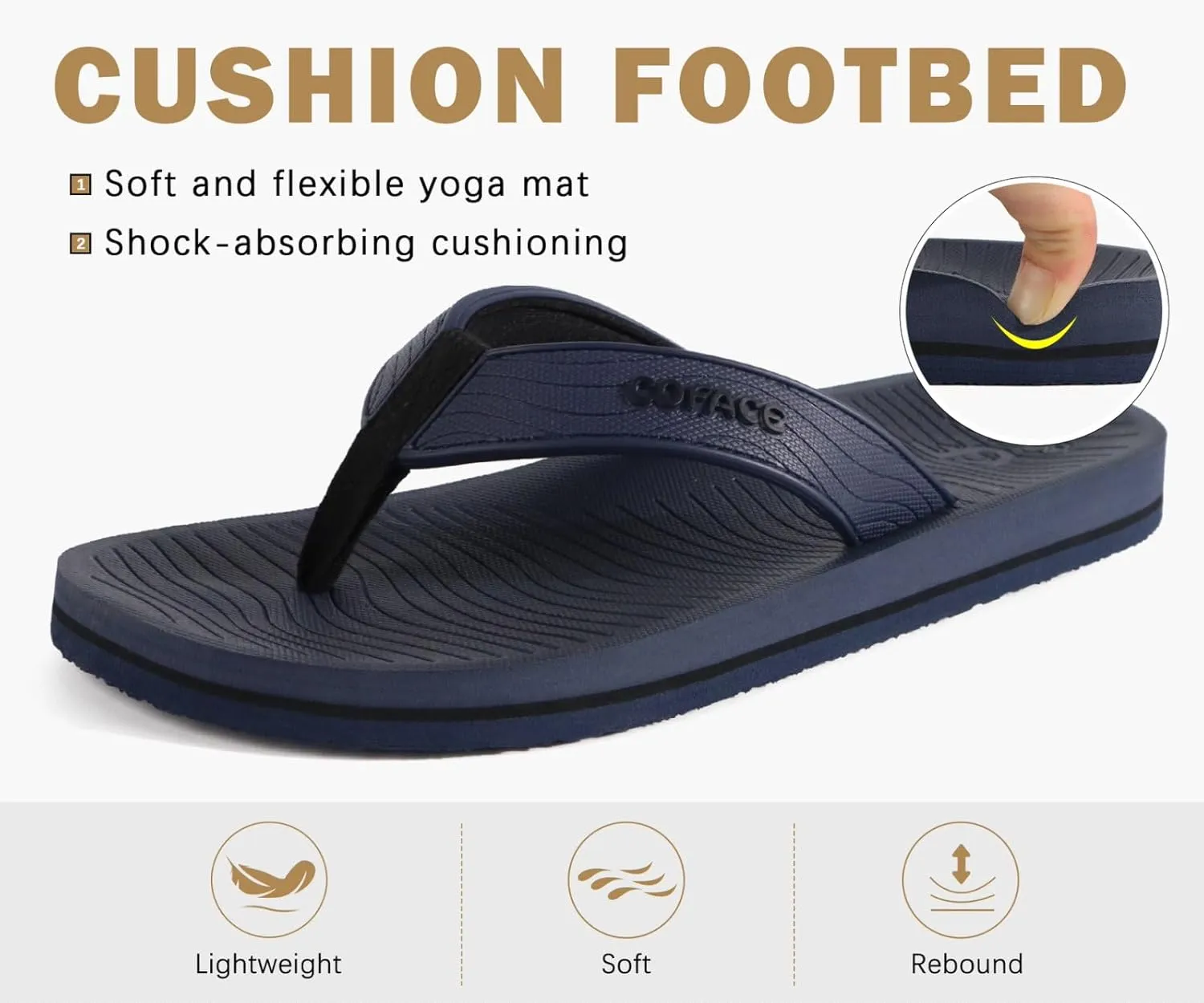 COFACE Men's Flip Flops Comfortable Yoga Mat Cushion Thong Sandals with Arch Support Casual Summer Beach Slides For Man, Size 7~15
