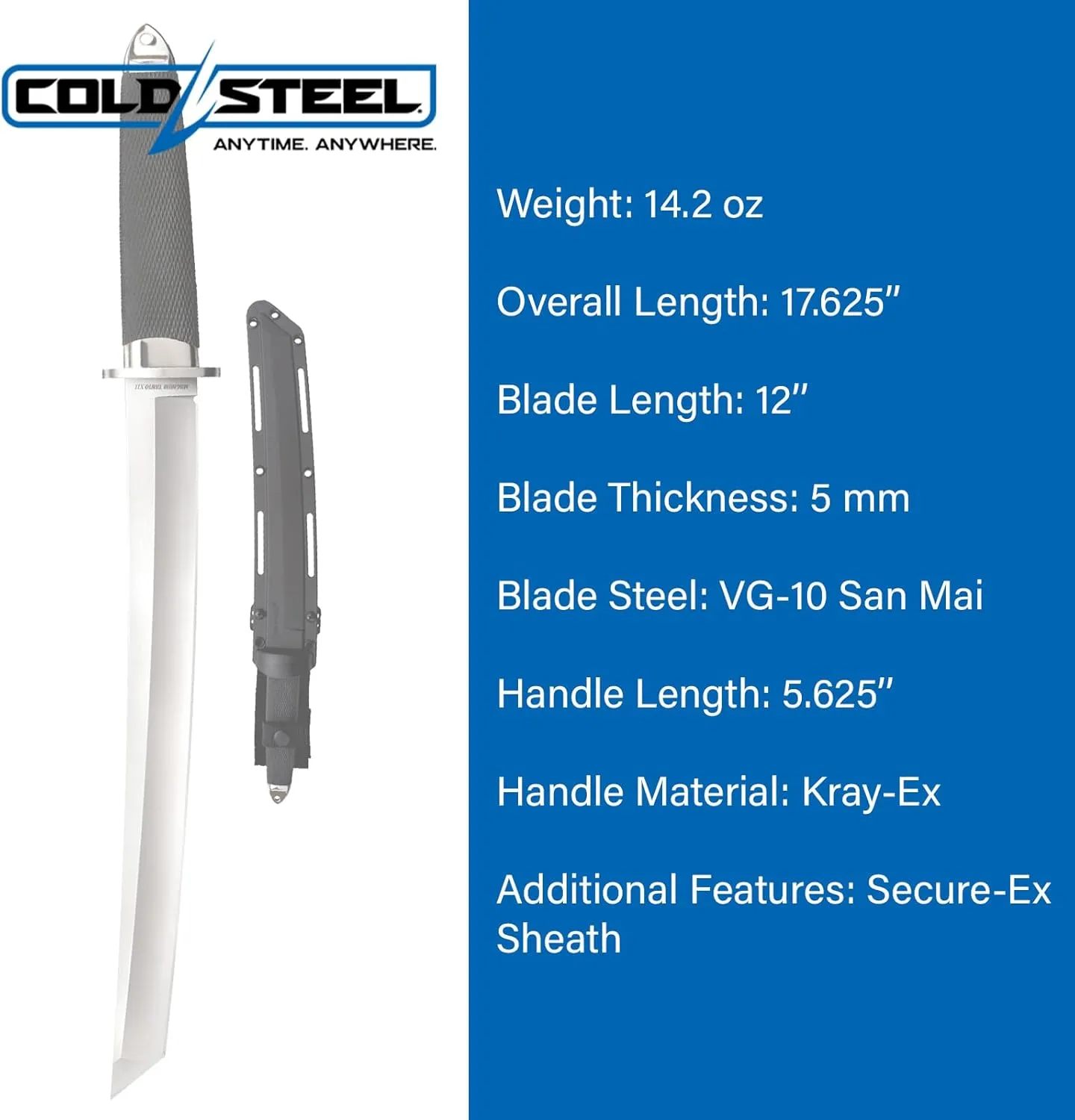 Cold Steel Magnum Tanto VG-10 San Mai Razor-Sharp Blade Kray-Ex Handle Military Tactical Fixed Blade Knife w/Secure-Ex Sheath