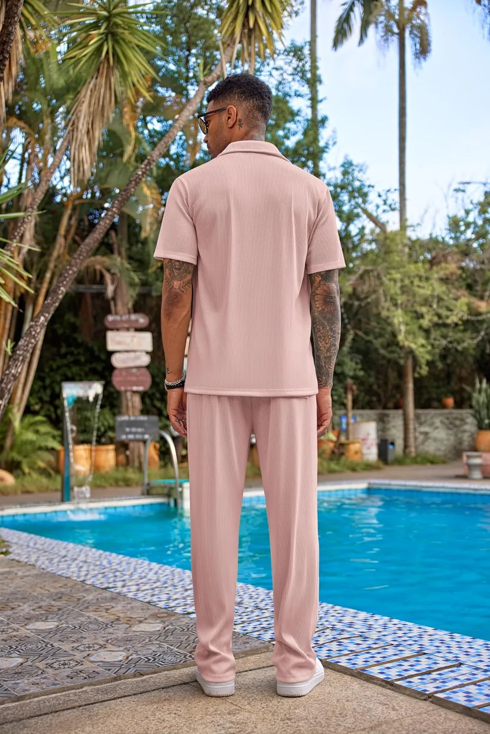 COOFANDY Men's 2 Piece Outfit Casual Short Sleeve Button Down Shirt Beach Summer Loose Pant Sets