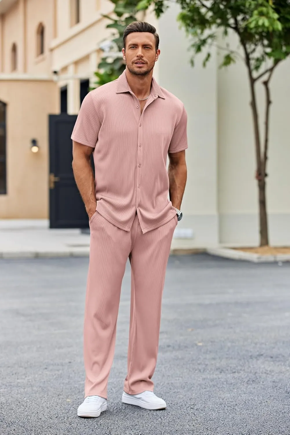 COOFANDY Men's 2 Piece Outfit Casual Short Sleeve Button Down Shirt Beach Summer Loose Pant Sets
