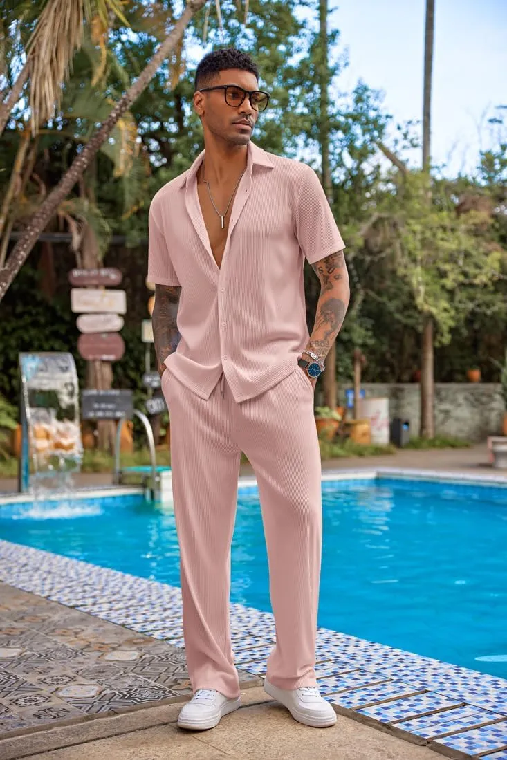 COOFANDY Men's 2 Piece Outfit Casual Short Sleeve Button Down Shirt Beach Summer Loose Pant Sets