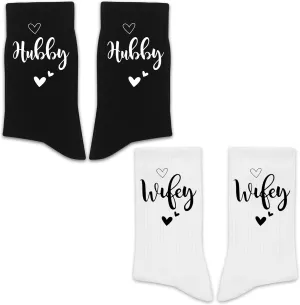 Couple socks - Anniversary Valentines Day Wedding Bridal Shower Engagement Honeymoon Romantic Gifts For Couple, 2 Pairs. (Hubby and wifey, Cotton)