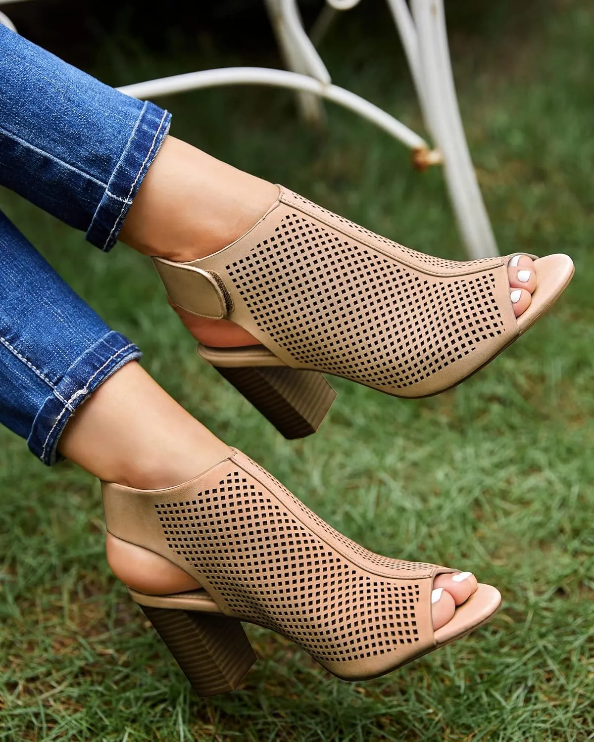 Coutgo Heels for Women Open Toe Boots Cutout Ankle Strap High Heel Chunky Block Sandals