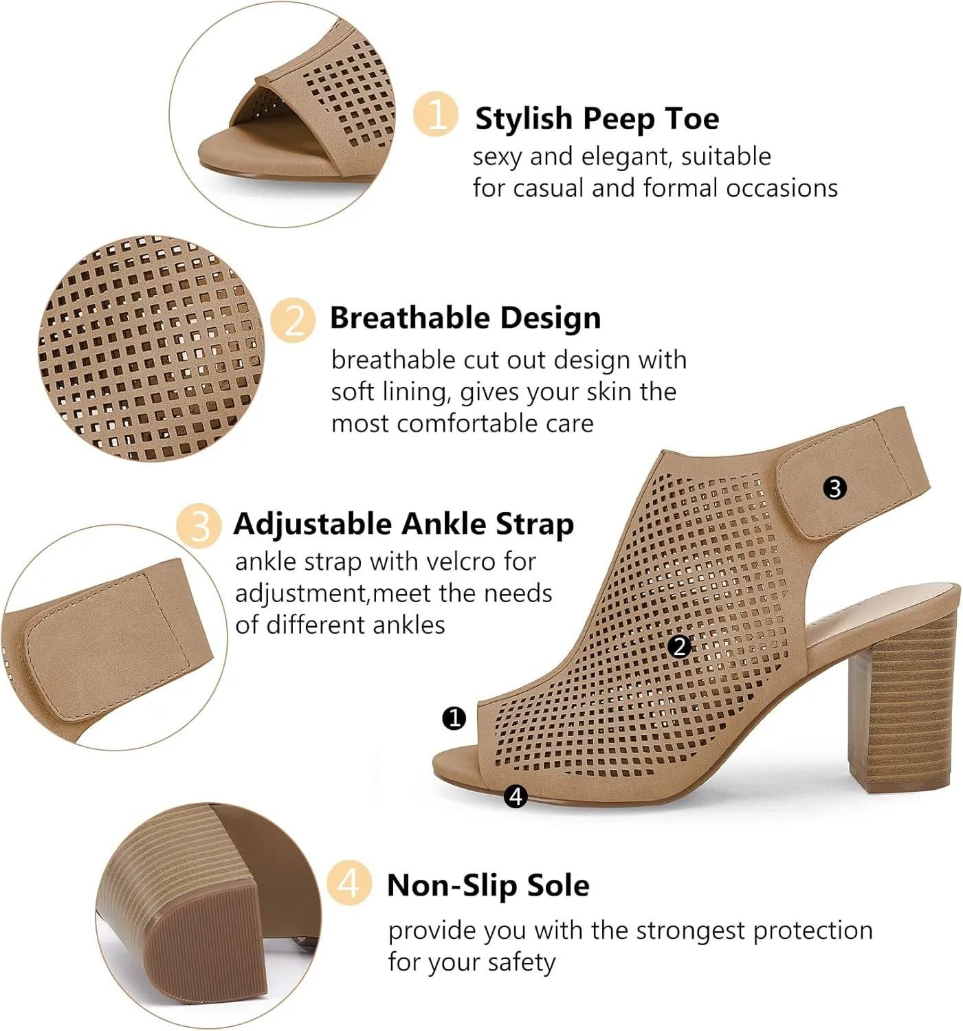 Coutgo Heels for Women Open Toe Boots Cutout Ankle Strap High Heel Chunky Block Sandals