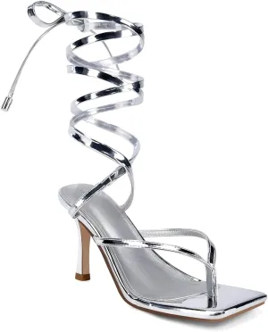 Coutgo Womens Strappy Thong Heels Sandals Sexy Lace up Wrap Ankle Strap Square Toe High Heeled Dress Summer Party Shoes