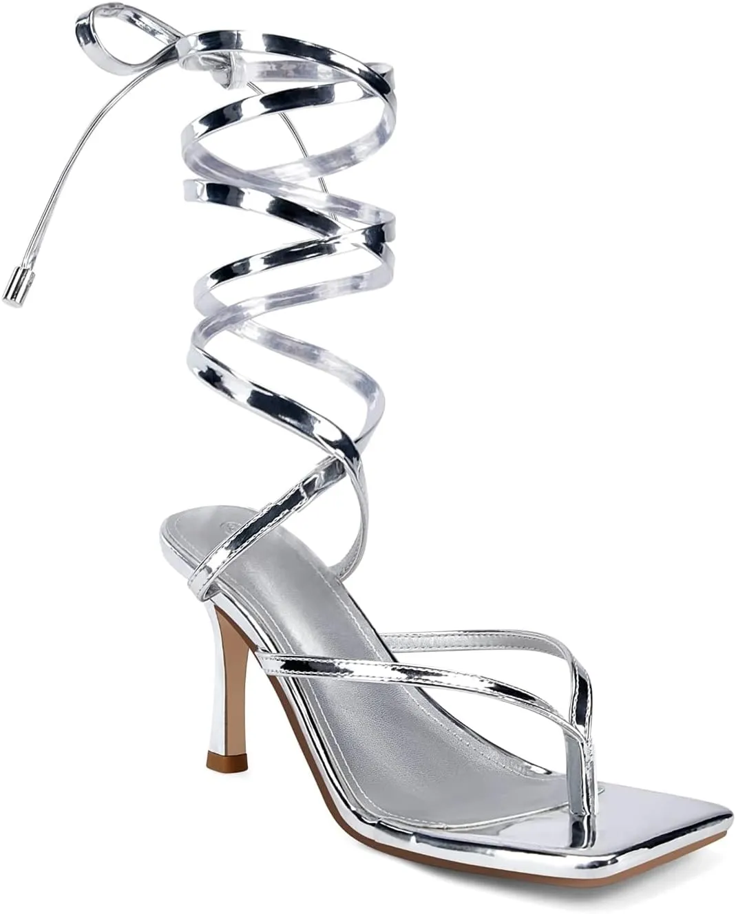 Coutgo Womens Strappy Thong Heels Sandals Sexy Lace up Wrap Ankle Strap Square Toe High Heeled Dress Summer Party Shoes