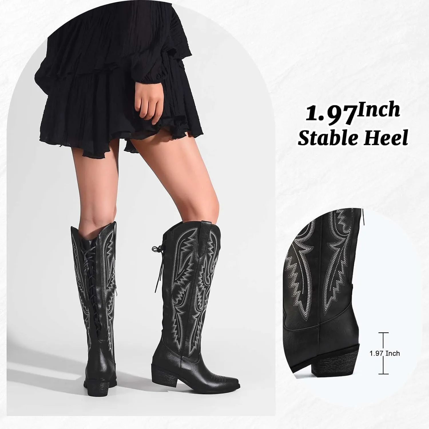 Cowboy Boots For Women Embroidered Wide Calf Boots With Back Lace Up Chunky Block Heels Pointed Toe Western Cowgirl Boot Comfortable Tall Boots for Prom Casual Trendy Shoes