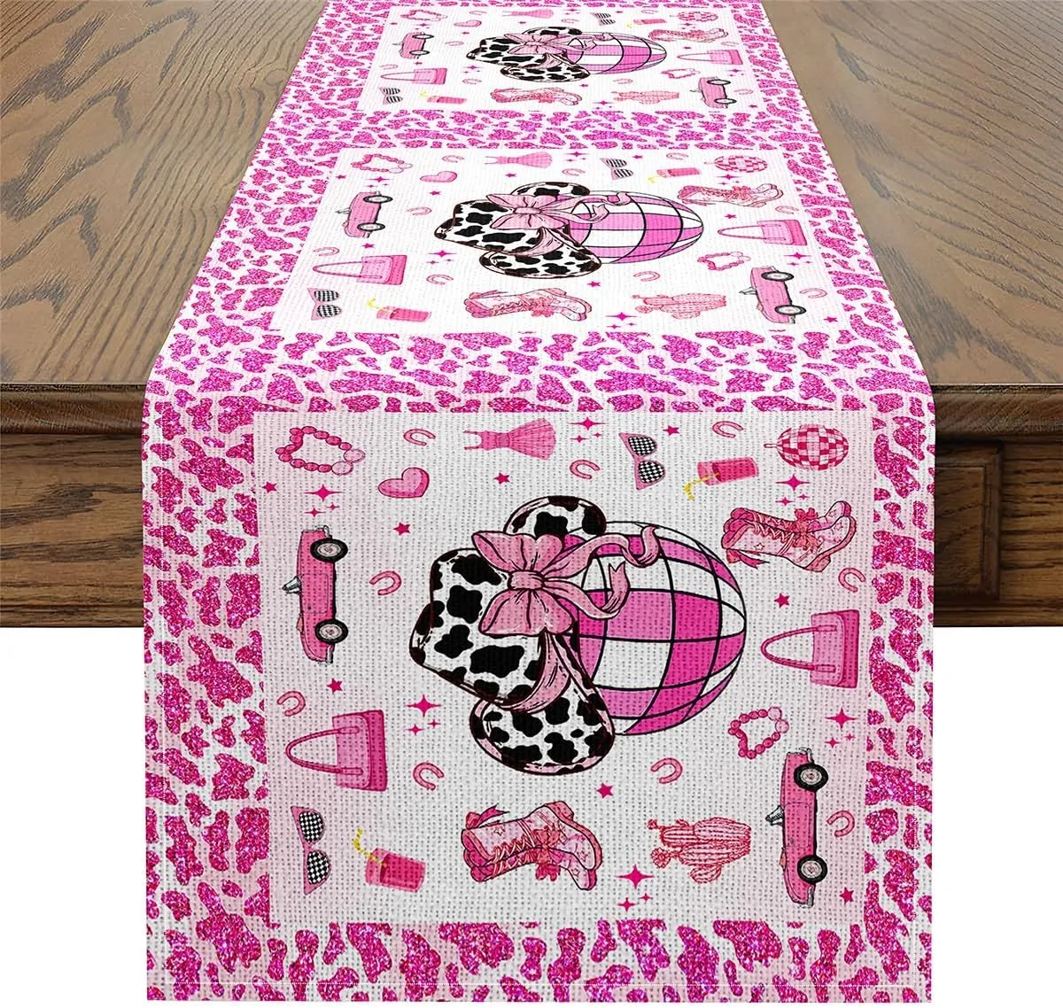 Cowgirl Table Runner,Cowgirl Boots Hats Table Runners,Western Farmhouse Rectangular Runner,Pink White Black,13x60 Inch