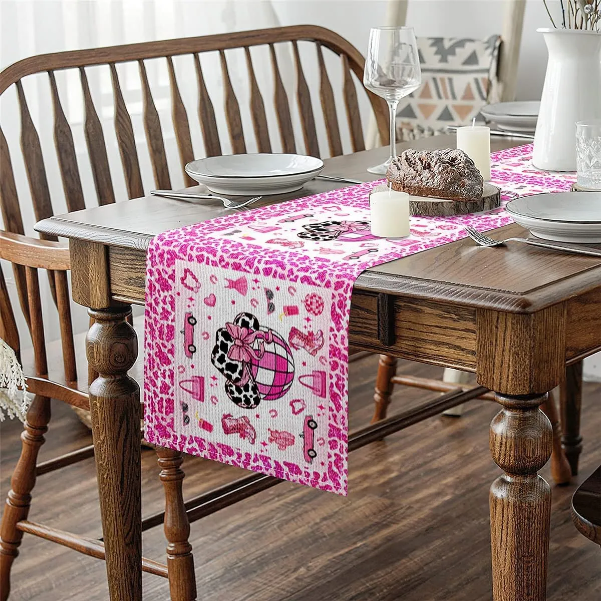 Cowgirl Table Runner,Cowgirl Boots Hats Table Runners,Western Farmhouse Rectangular Runner,Pink White Black,13x60 Inch
