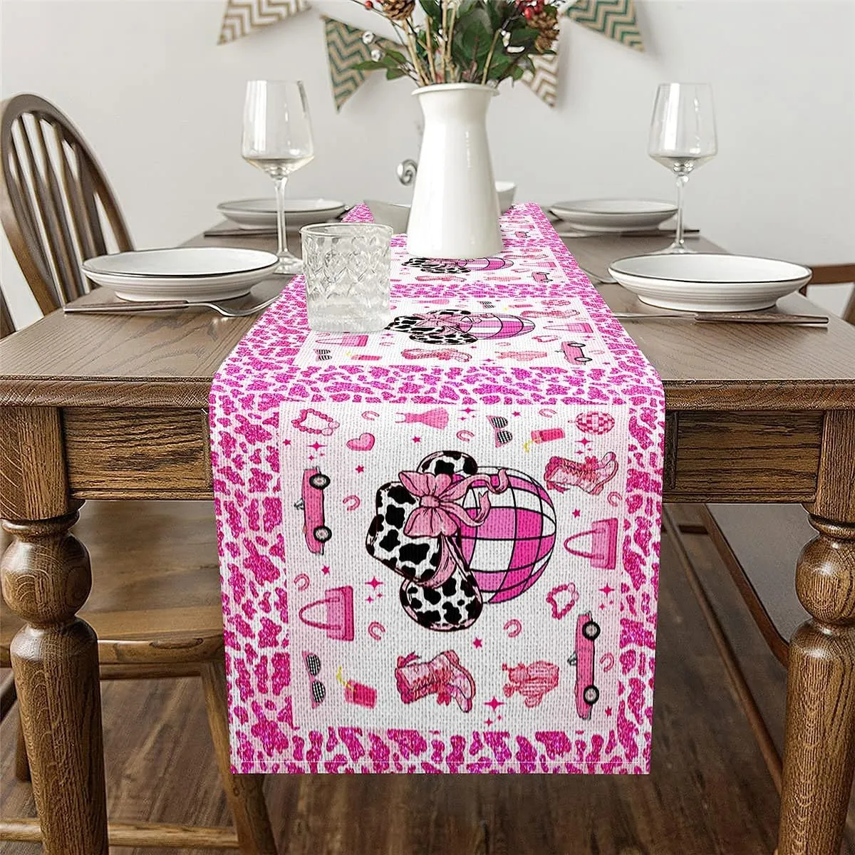 Cowgirl Table Runner,Cowgirl Boots Hats Table Runners,Western Farmhouse Rectangular Runner,Pink White Black,13x60 Inch