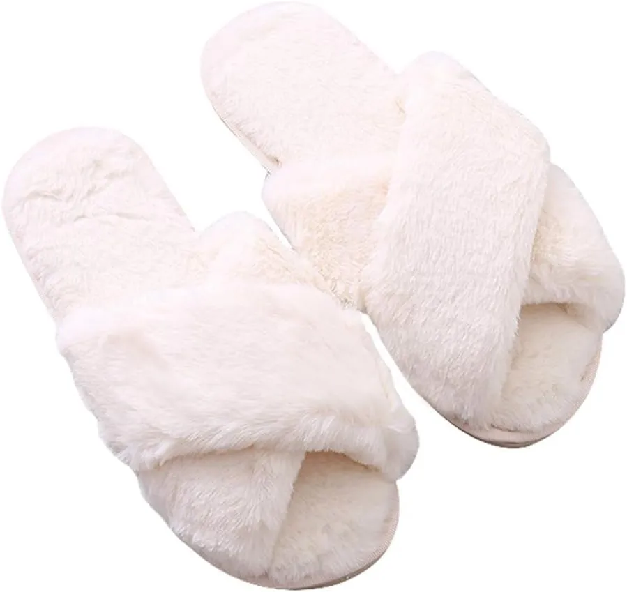 Cozy House Slippers for Women for Indoor and Outdoor Fuzzy Slip On Womens Slippers with Cross Band Open Toe Soft Plush Fleece House Shoes