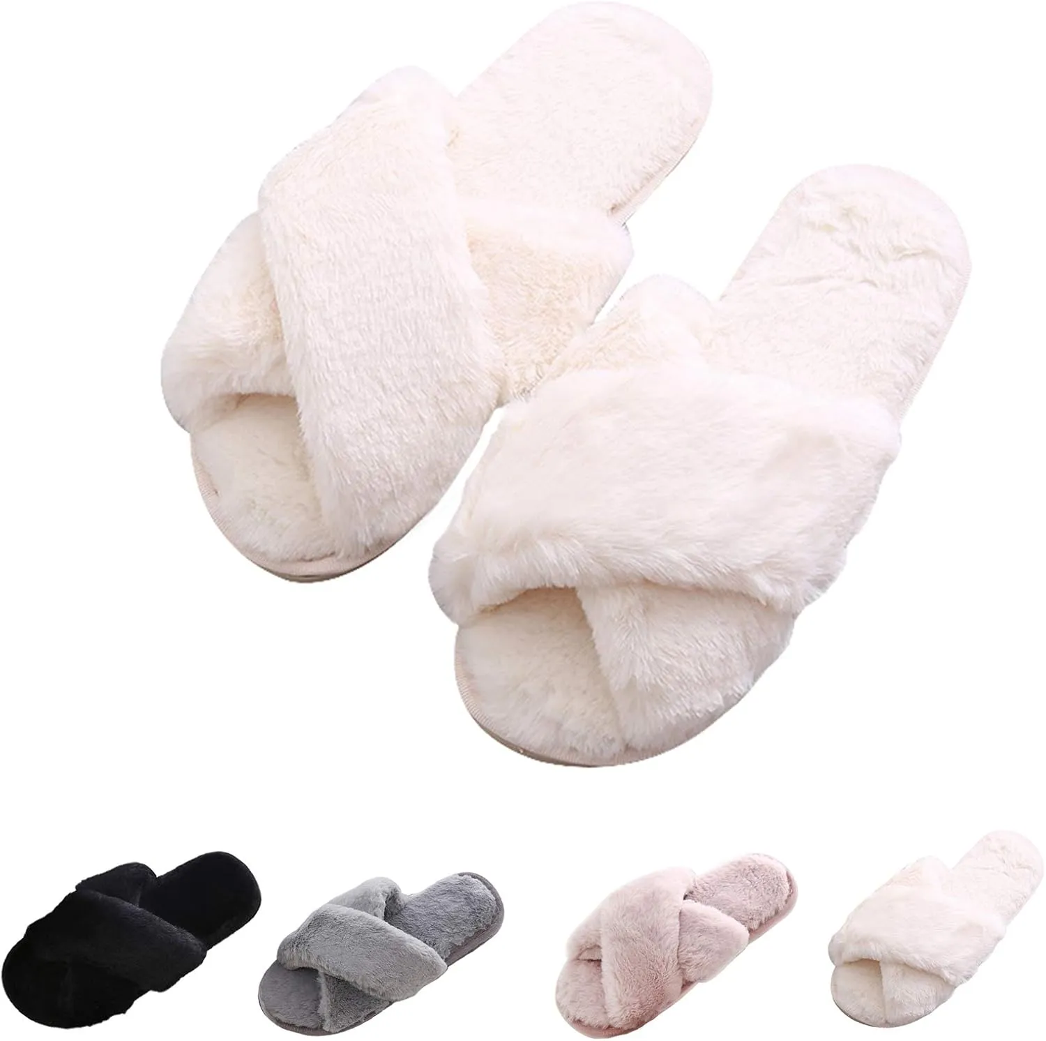 Cozy House Slippers for Women for Indoor and Outdoor Fuzzy Slip On Womens Slippers with Cross Band Open Toe Soft Plush Fleece House Shoes