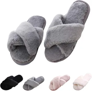 Cozy House Slippers for Women for Indoor and Outdoor Fuzzy Slip On Womens Slippers with Cross Band Open Toe Soft Plush Fleece House Shoes