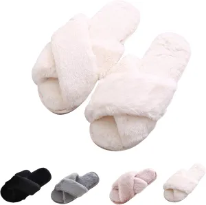 Cozy House Slippers for Women for Indoor and Outdoor Fuzzy Slip On Womens Slippers with Cross Band Open Toe Soft Plush Fleece House Shoes