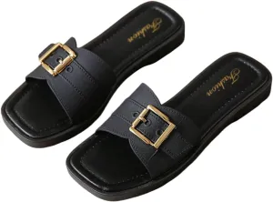 COZYEASE Women's Slip On Flat Sandals Fashion Buckle Decor Square Open Toe Slide Sandals