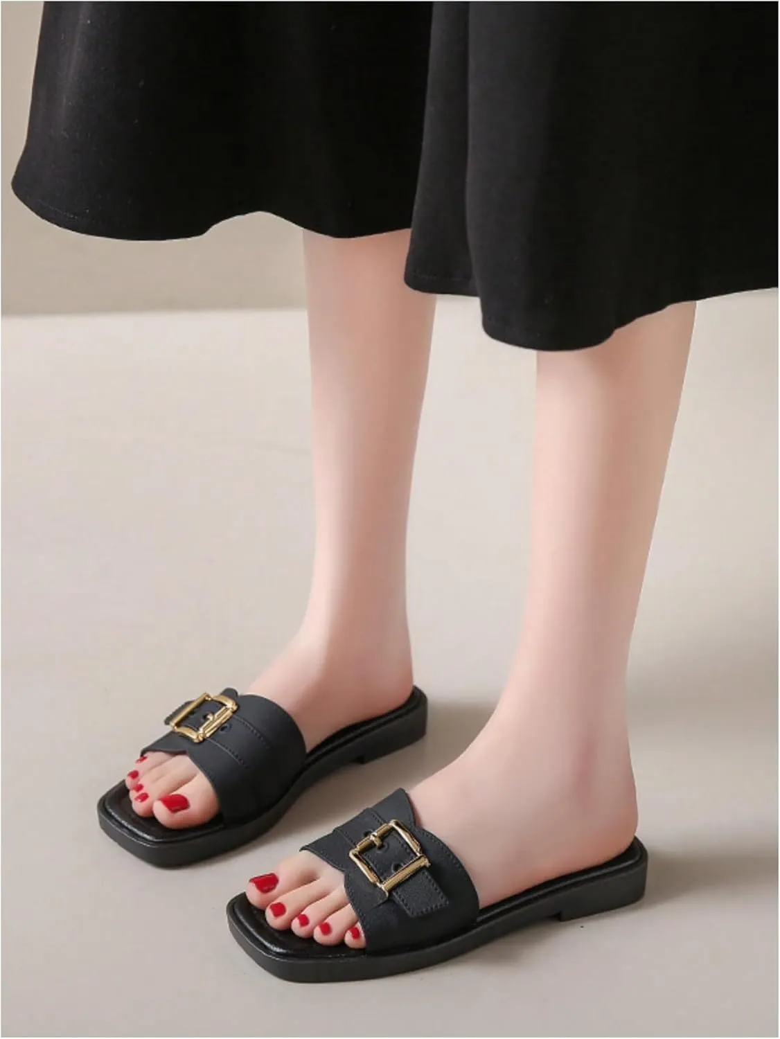 COZYEASE Women's Slip On Flat Sandals Fashion Buckle Decor Square Open Toe Slide Sandals