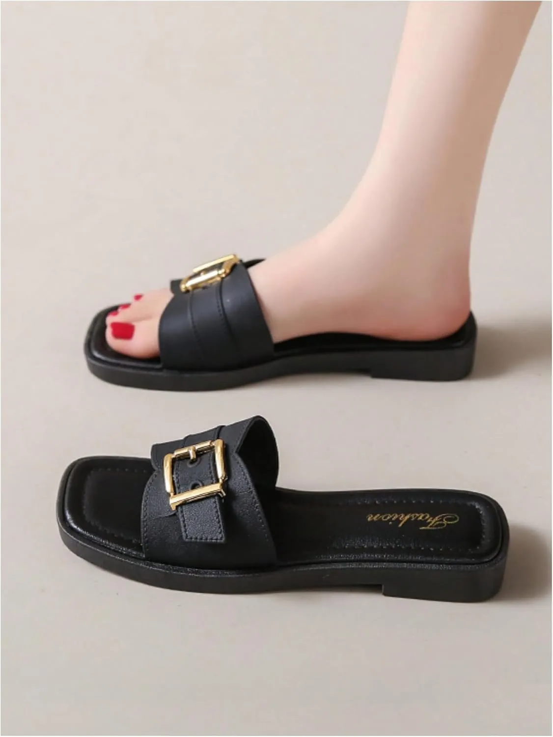 COZYEASE Women's Slip On Flat Sandals Fashion Buckle Decor Square Open Toe Slide Sandals