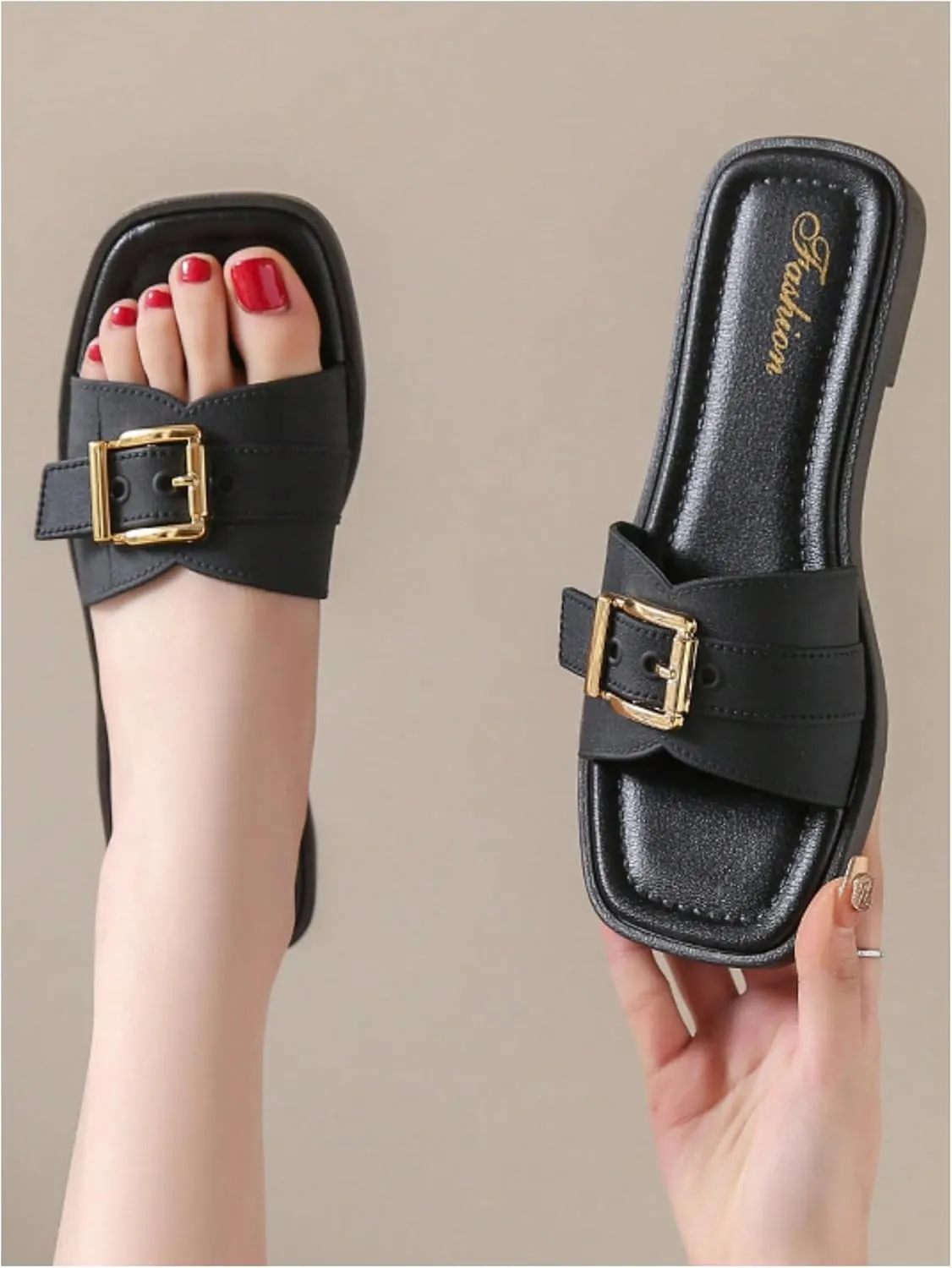 COZYEASE Women's Slip On Flat Sandals Fashion Buckle Decor Square Open Toe Slide Sandals