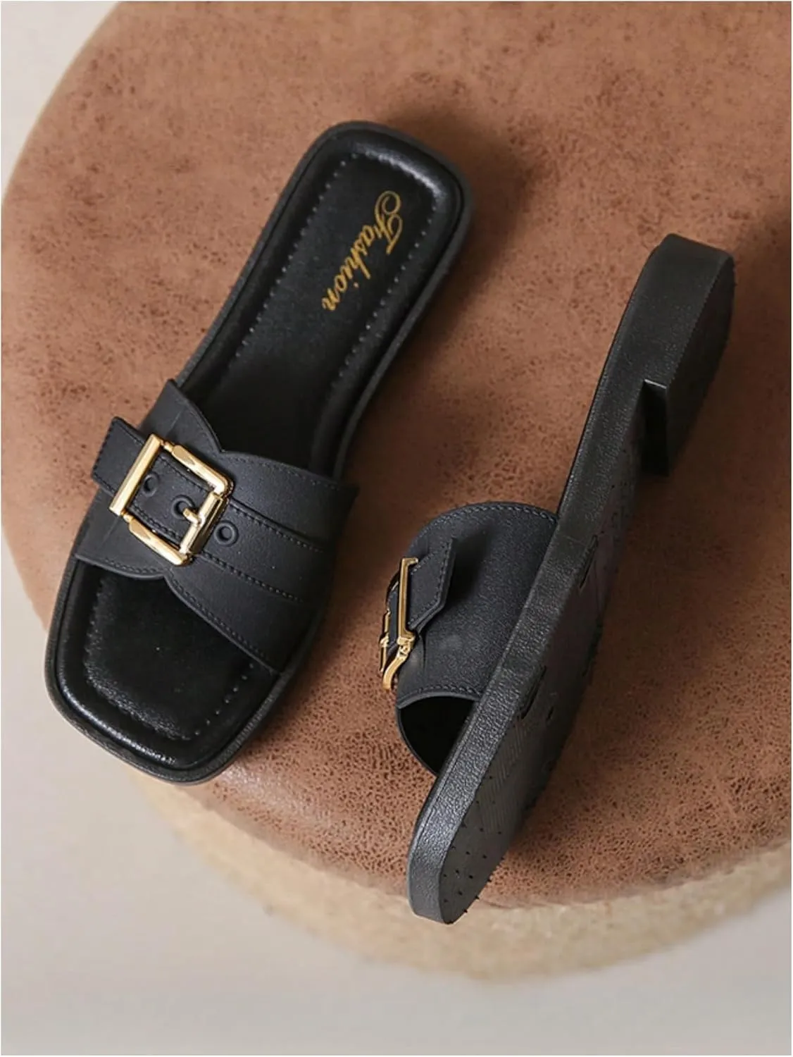 COZYEASE Women's Slip On Flat Sandals Fashion Buckle Decor Square Open Toe Slide Sandals