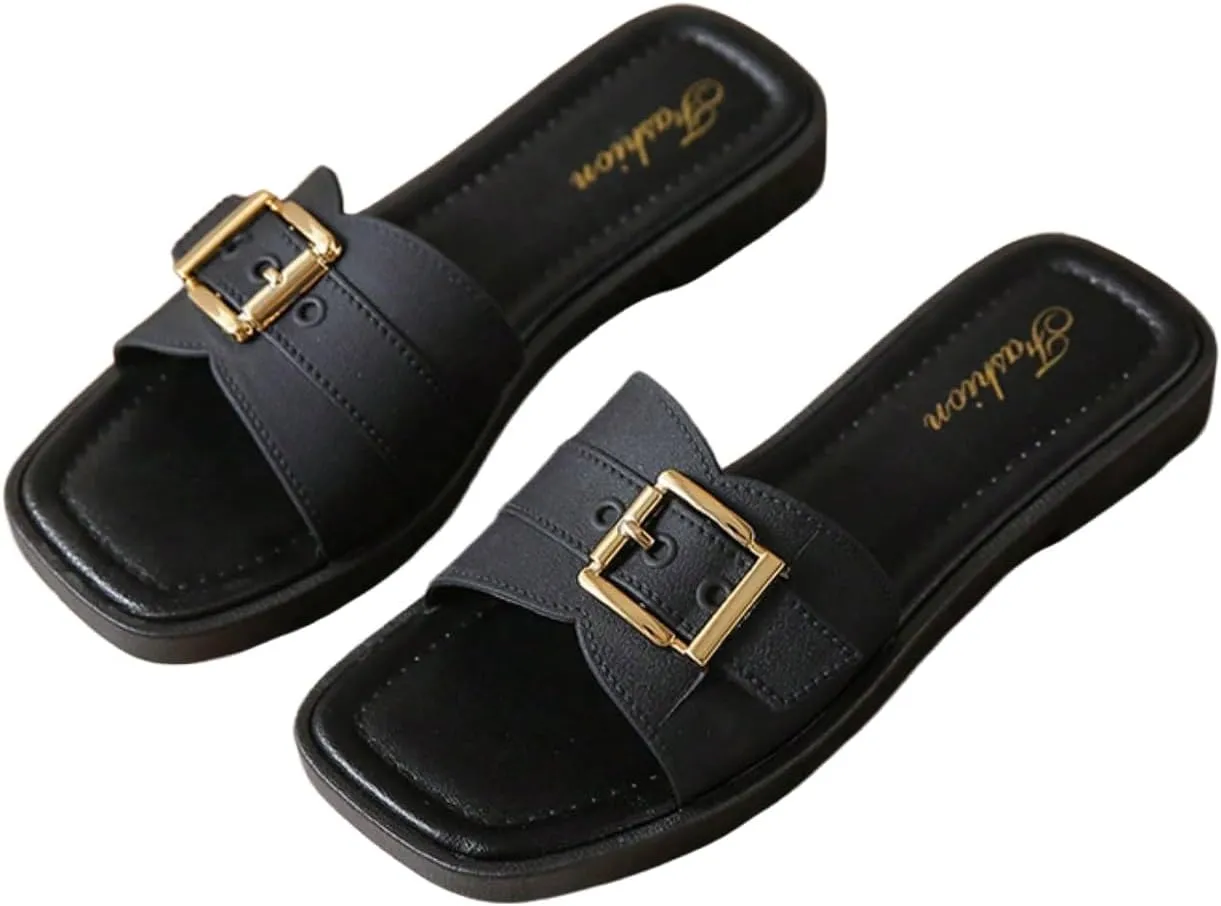 COZYEASE Women's Slip On Flat Sandals Fashion Buckle Decor Square Open Toe Slide Sandals