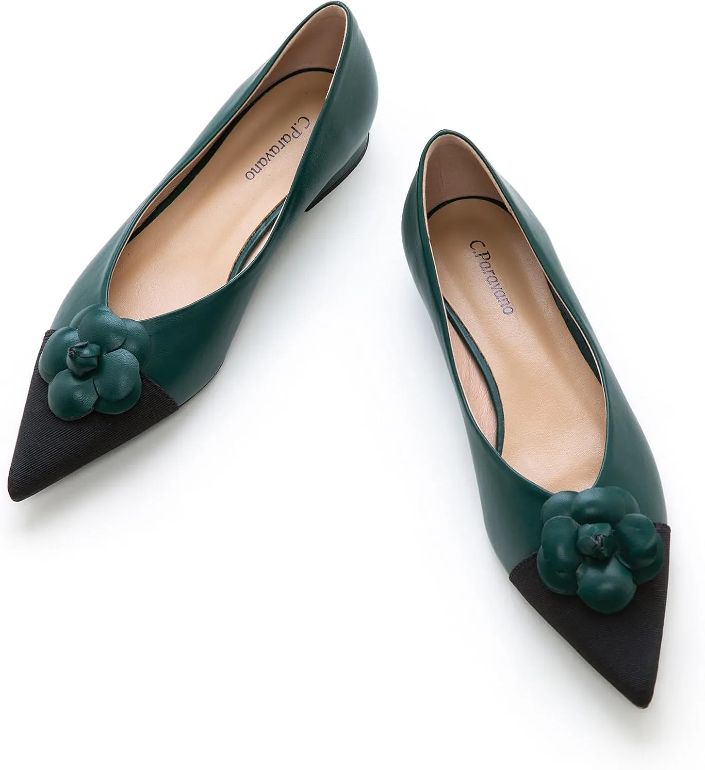 C.Paravano Women's Pointed Toe Two Tone Designer Ballet Flats - Leather Shoes for Dressy Casual Work Office Party