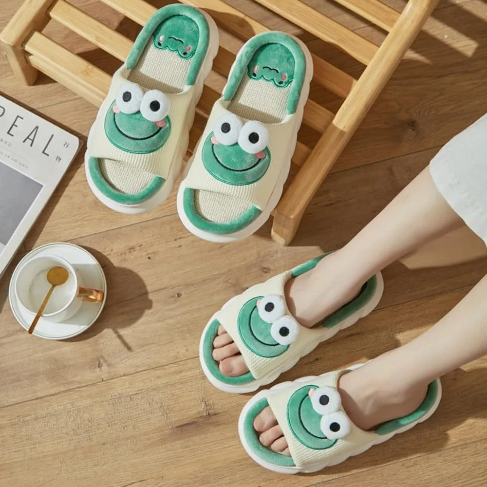 Cute Frog Slippers Women Men Preppy Slipper Kawaii Animal Slipper Cartoon Linen Slipper Comfy Bedroom Slides Sandals House Slipper Indoor Outdoor Home Slipper Creative Gifts