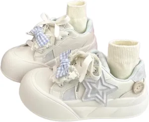 Cute Star-Embellished Chunky Sole Sneakers for Women & Teens – Lace-Up Shoes with Removable Bow Charms, Pink and Blue Options - Perfect for Gifts