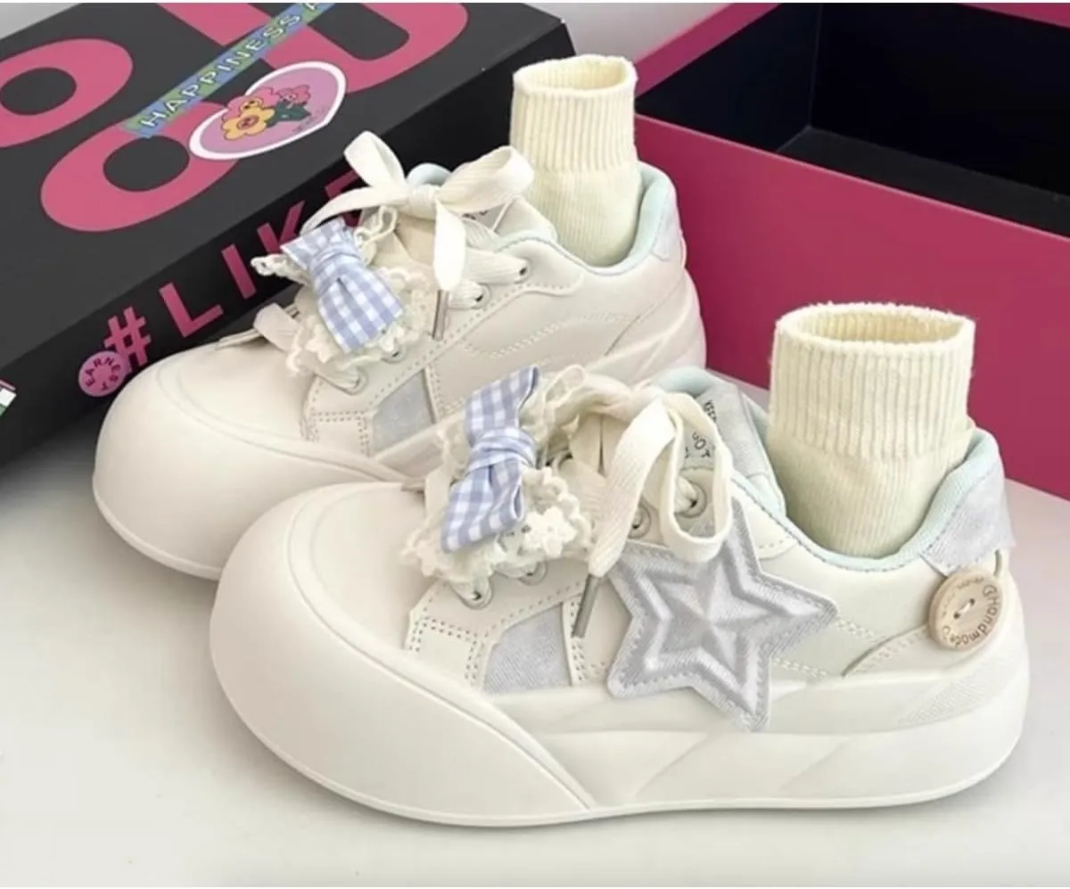 Cute Star-Embellished Chunky Sole Sneakers for Women & Teens – Lace-Up Shoes with Removable Bow Charms, Pink and Blue Options - Perfect for Gifts