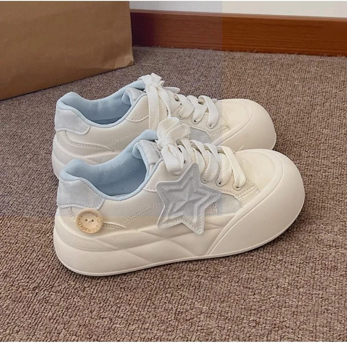 Cute Star-Embellished Chunky Sole Sneakers for Women & Teens – Lace-Up Shoes with Removable Bow Charms, Pink and Blue Options - Perfect for Gifts